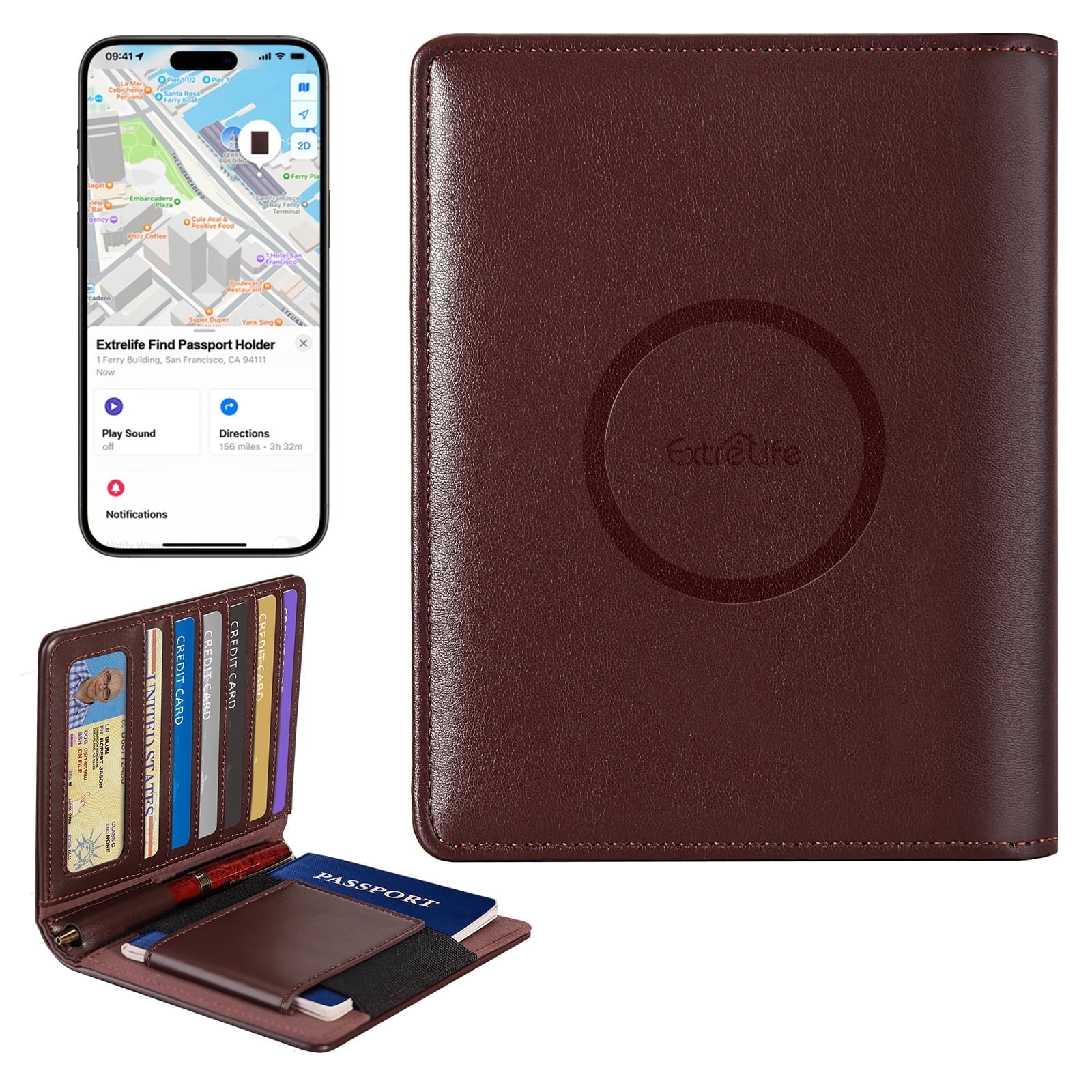 ExtreLife Smart Passport Holder with Tracker, RFID Blocking PU Leather Passport Cover and Vaccine Card Holder for Women & Men, Anti-Theft ID, Card & Boarding Pass Holder