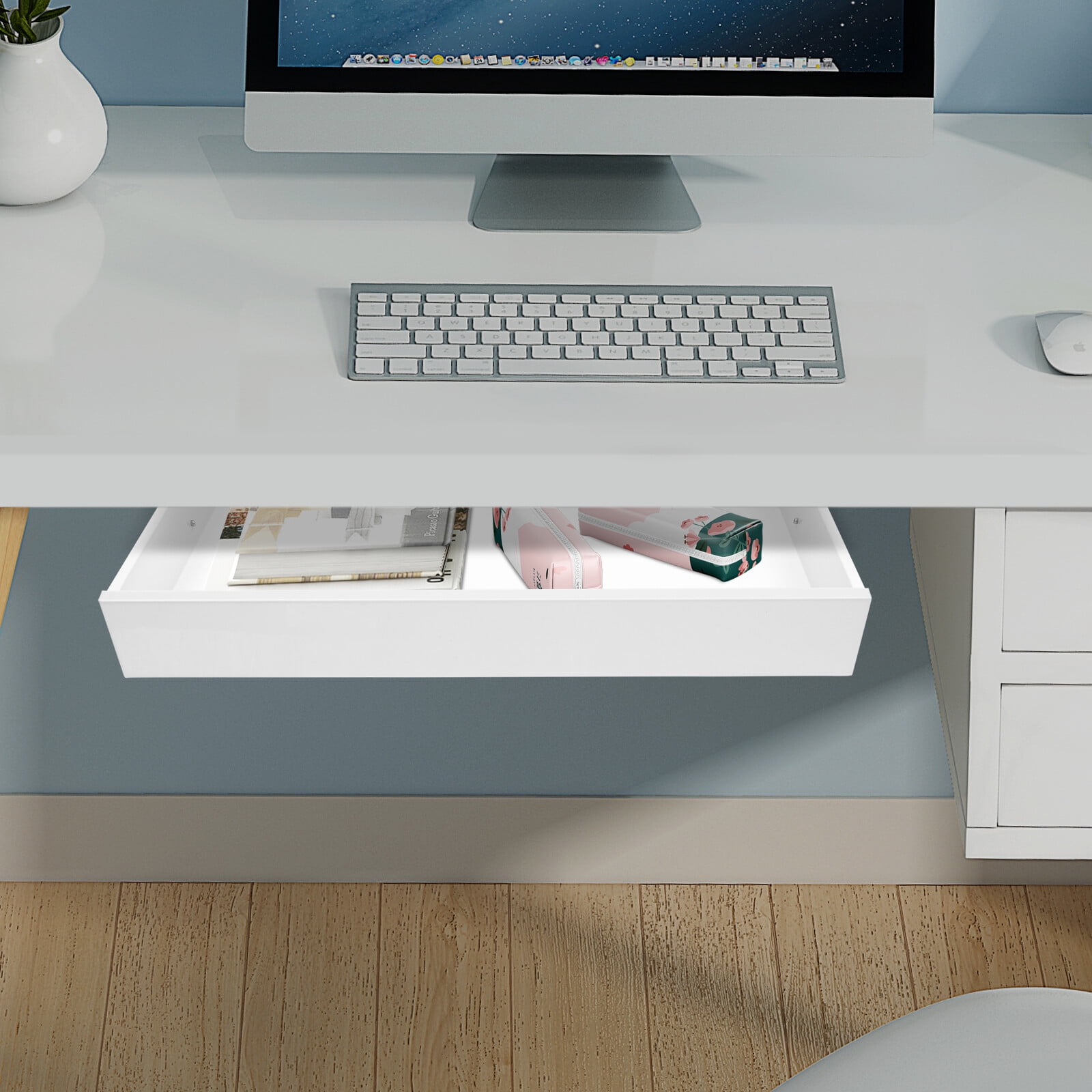 White Rectangular Stand Up Desk Store Add-On Office Sliding Under-Desk Drawer Storage Organizer 4.4 lbs Capacity 21.6*14*2.875in for Office,Home
