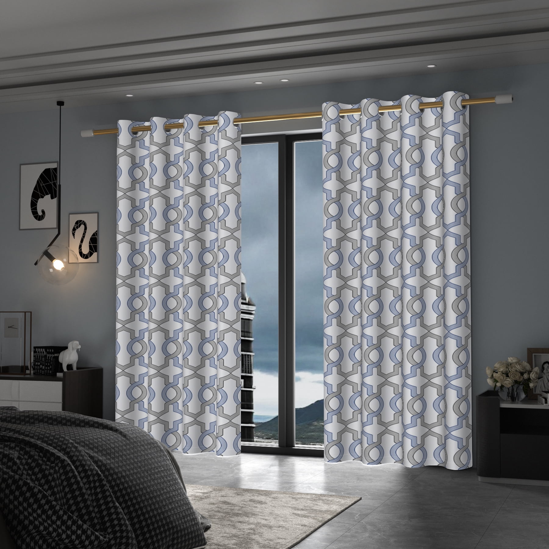 Lfeey Blackout Curtains for Bedroom, Plaid Blue Gray Geometric Pattern Curtains with Top Grommets, 52x63 Inches, 2 Panels