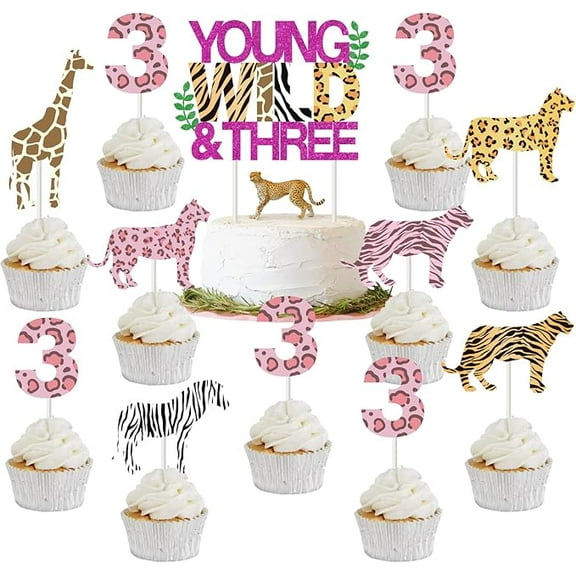 Young Wild and Three Birthday Decorations for Girl - 31pcs Young Wild & Three Cake Topper, Animal Print Cupcake Toppers, Jungle Safari Theme Party Decorations for 3rd Birthday