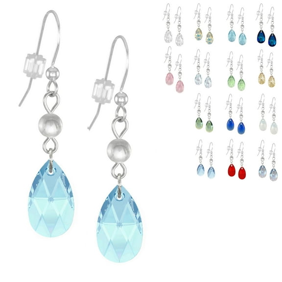 One Pair Handmade 16mm Austrian Crystal Teardrop Sterling Silver Beaded Earrings – Aquamarine Blue