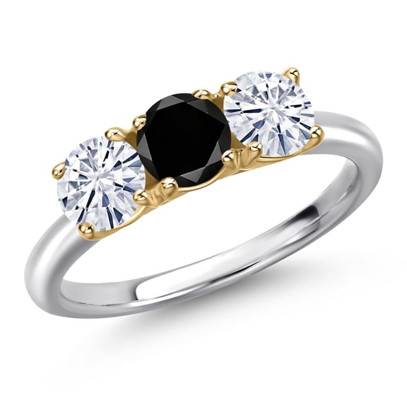 Gem Stone King 925 Silver and 10K Yellow Gold Black Diamond and White Moissanite Engagement Ring for Women | 1.55 Cttw | Round 5MM | Gemstone April Birthstone | Size 8