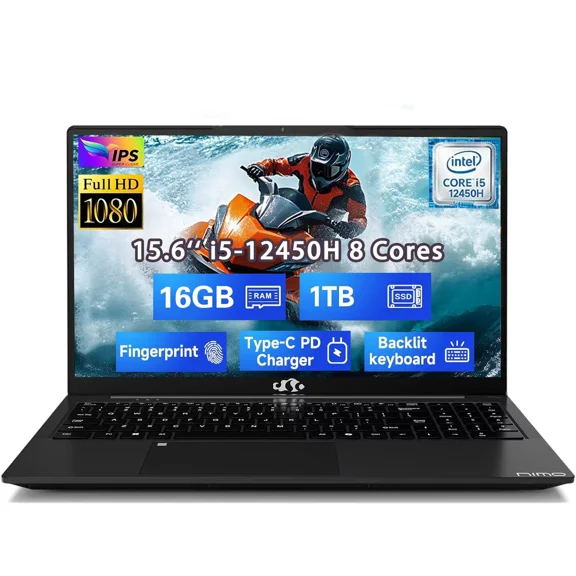 15.6" FHD New Business Laptop Computer 8 Cores Intel i5-12450H 16GB RAM 1TB SSD (Beat i7-11800H, Up to 4.4GHz) Backlit Keyboard Computer 100W Type C Fingerprint WiFi 6 Numpad Windows 11 Black