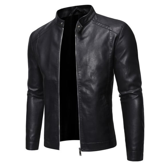 Tiweut Men's Leisure Leather Jackets Mens Fall and Winter Solid Color Warm Stand Collar Long Sleeve Zipper Slim Fit with Pocket Regular Blouses Black,L