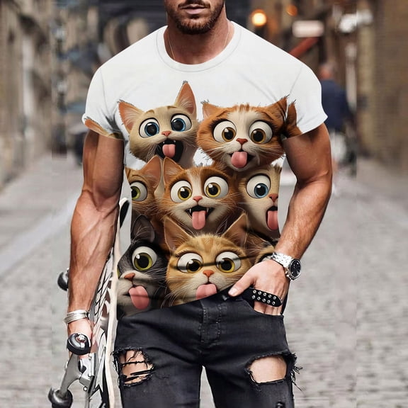 Ceisia Men's Cool Cat Print Short Sleeve Crewneck T-Shirt Novelty Funny Animal Graphic Tee Soft Cotton Blend Casual Summer Streetwear Gifts for Father