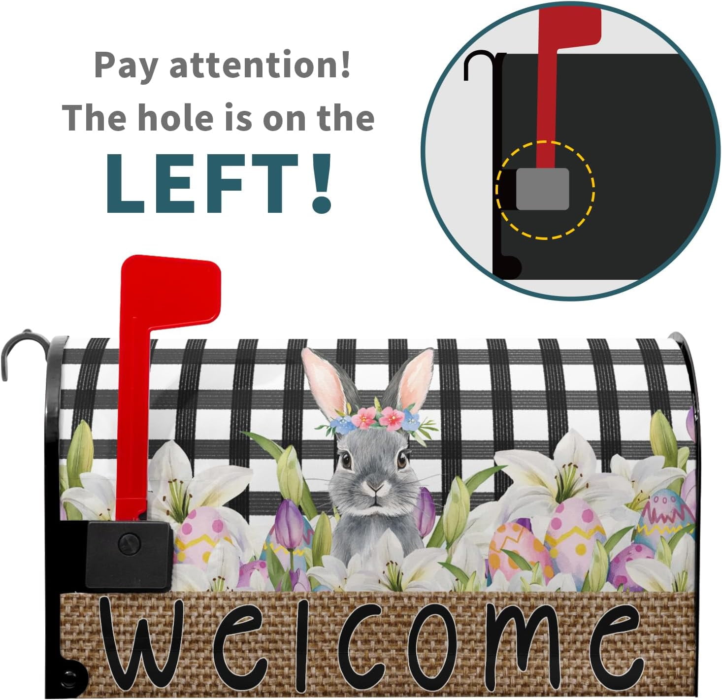 Welcome Easter Mailbox Cover Magnetic Standard Size 21x18 Inch Spring Rabbit Buffalo Plaid Check Decorative Post Letter Box Wrap Bunny and Egg Postbox Covers for Garden Yard Outdoor