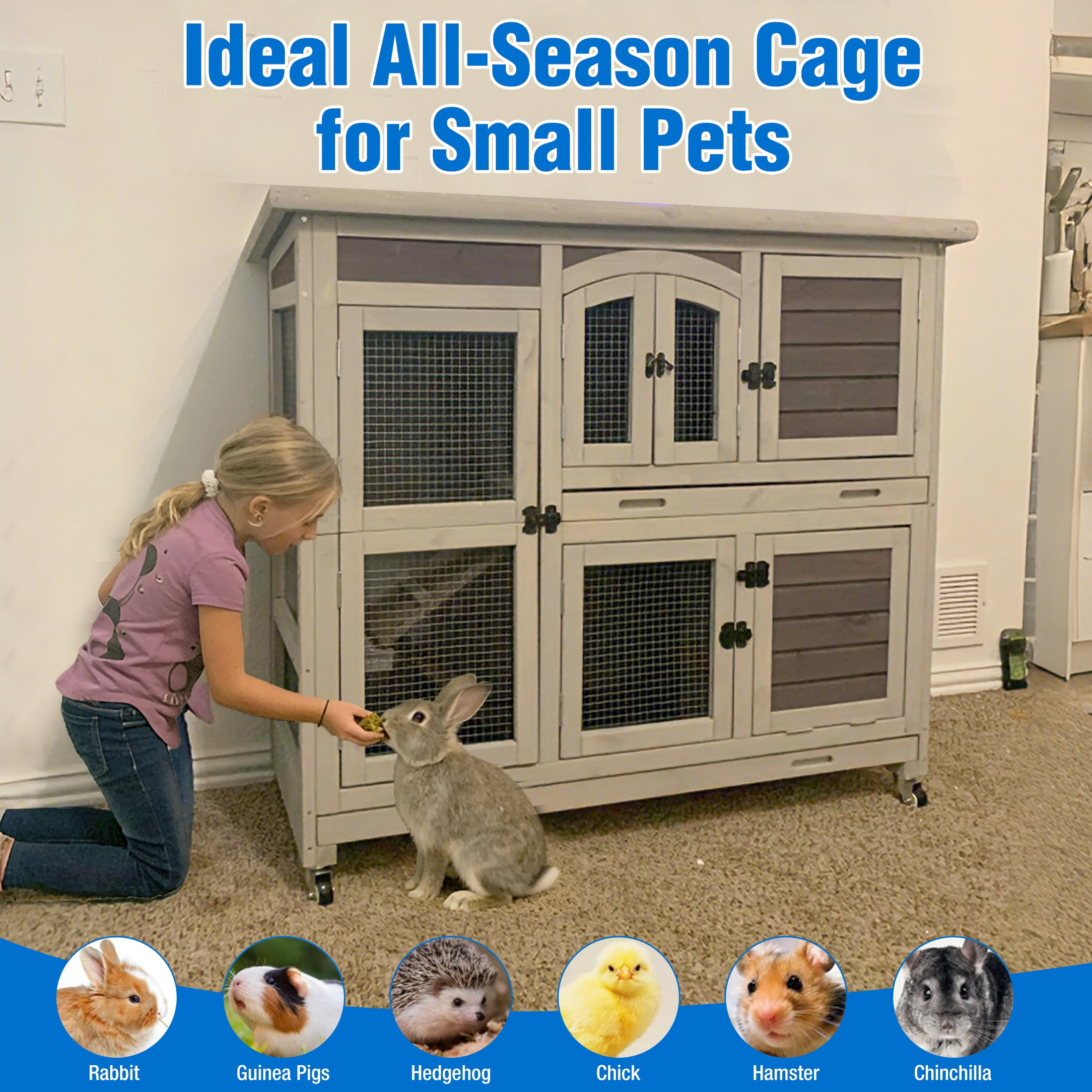 Suumerpety Rabbit Hutch with Wheels, Two Story Indoor Bunny Cage Outdoor Guinea Pig Cage with 2 Deep No-Leak Plastic Trays & Easy Mobility