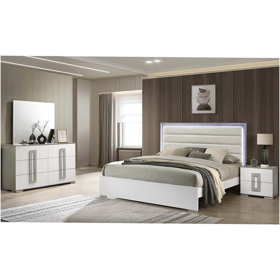 JERFIT Olivia 4-Piece Full Size Bedroom Set with LED Headboard, White Wood Modern Platform Bed, Dresser, Mirror & Nightstand