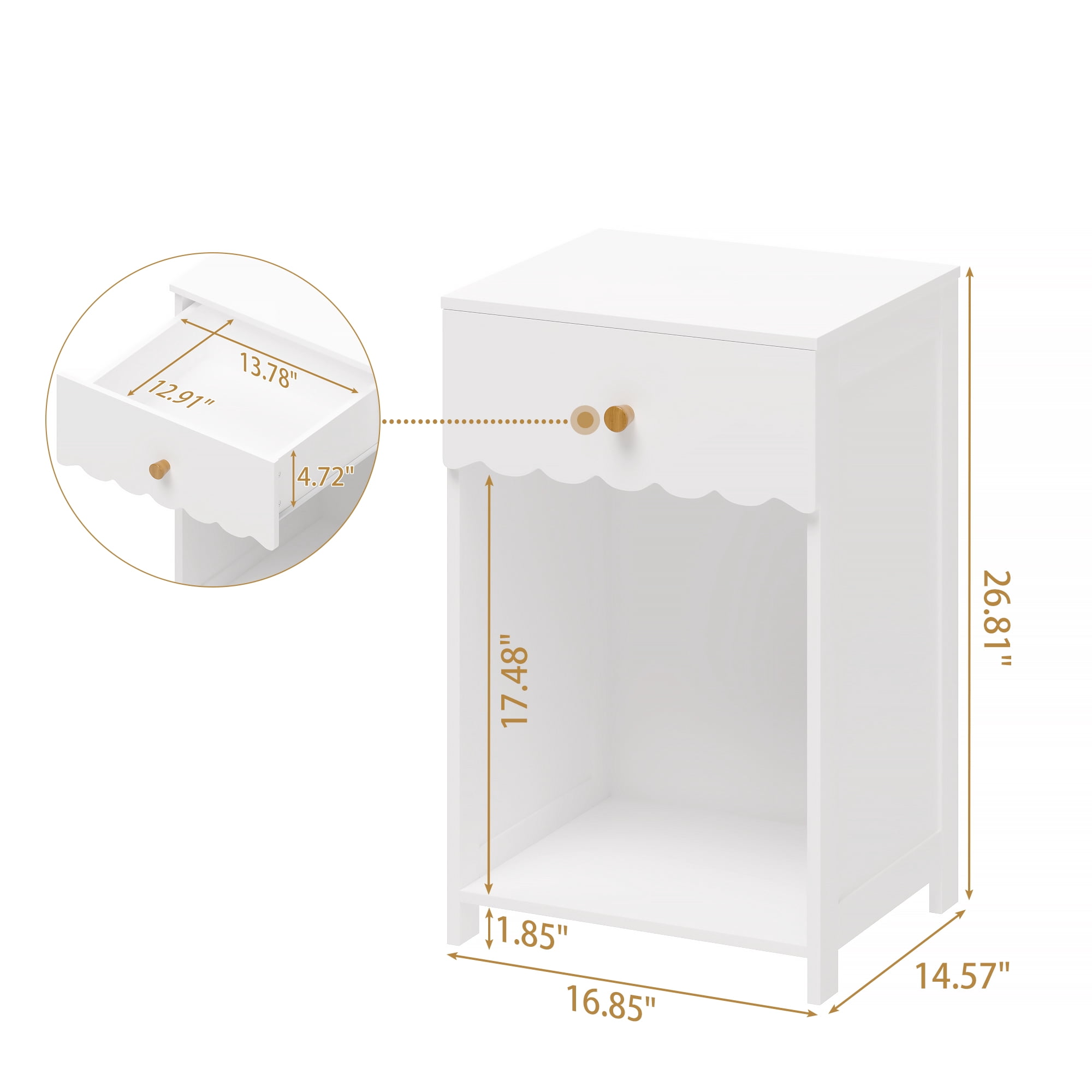 Yoneston Elegant Open Shelf Nightstand with Drawer Storage for Kid's Room Bedside Bedroom, Snow White