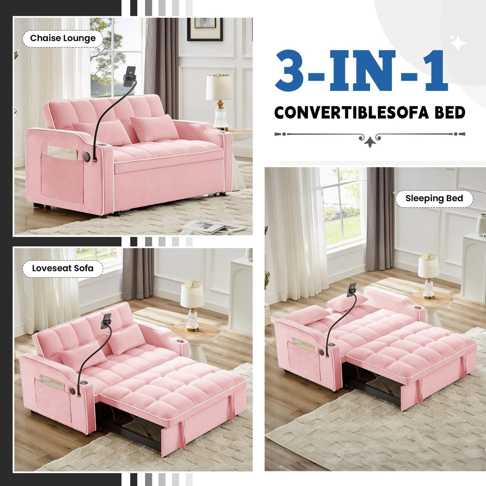 55" 3 in 1 Convertible Sofa Bed with Phone Holder, Loveseat Couch with Pull Out Bed, Space-Saving Apartment Sofa, Pink