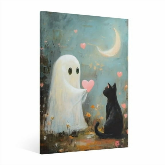 Vintage Halloween Black Cat and Ghost Canvas Wall Art Painting, Gothic Print Pictures for Home Wall Decor Retro Horror Creepy Dark Posters for Living Room Bedroom Home Halloween Party Decor Framed