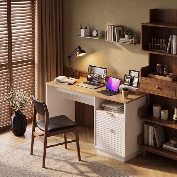 Catrimown 47 Inch Fluted Computer Desk with 2 Storage Drawers, White Writing Desk with Gold‑Tone Handles for Bedroom Home Office