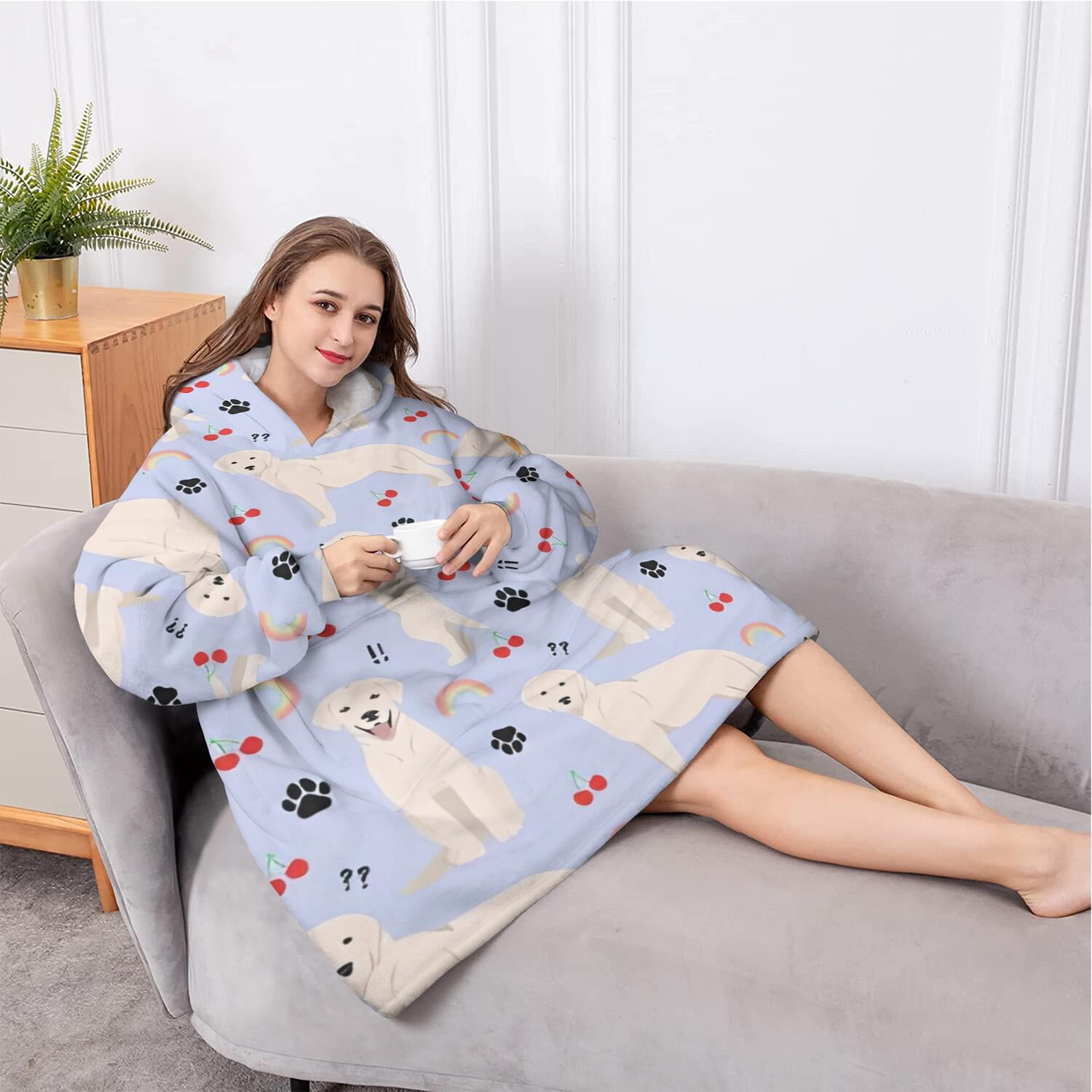 Oversized Wearable Blanket Hoodie,Golden Retriever Dog with Cherry and Rainbow Sherpa Blanket Hoodie with Super Pockets,Super Warm Fuzzy Pullover for Women & Men