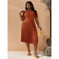 thumbnail image 4 of Plus Size Women's Solid Color Short Puff Sleeve Pleated Hem Dress Coffee Brown Casual Dress, 4 of 13