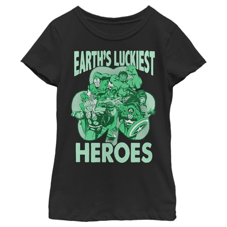 Girl s Marvel Avengers St. Patrick s Day Earths Luckiest Heroes Graphic Tee Black Medium