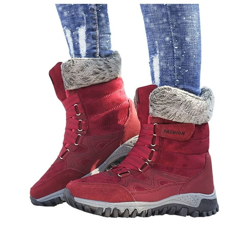 

Mepaouo Women s Winter Snow Boots Mid Calf Lace up Fleece Lined Warm Ankle Walking Shoes(Red 7.5)
