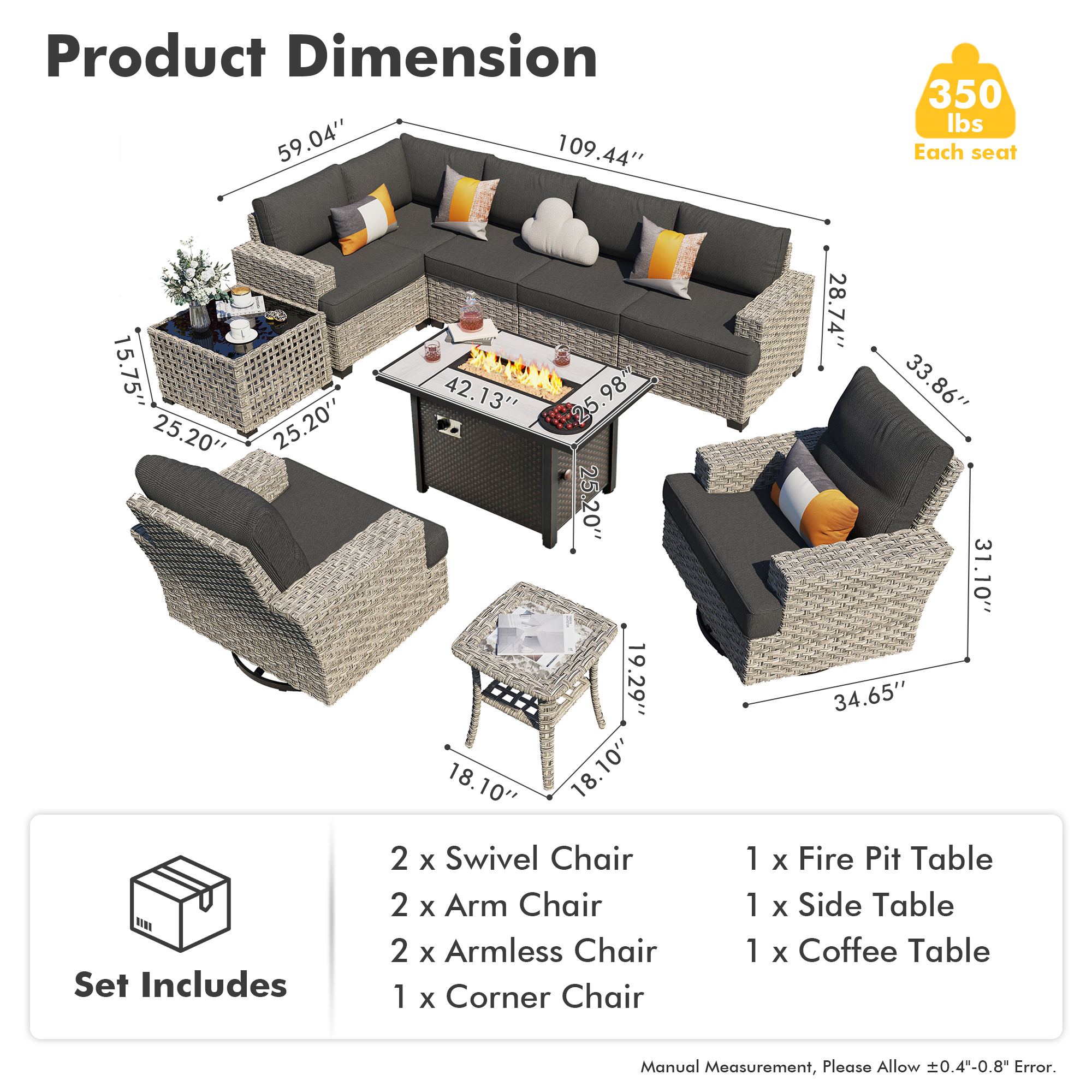 Vcatnet 10 Pieces Outdoor Conversation Set with Swivel Chairs Patio Sectional Sofa with Fire Pit and Coffee Table Black