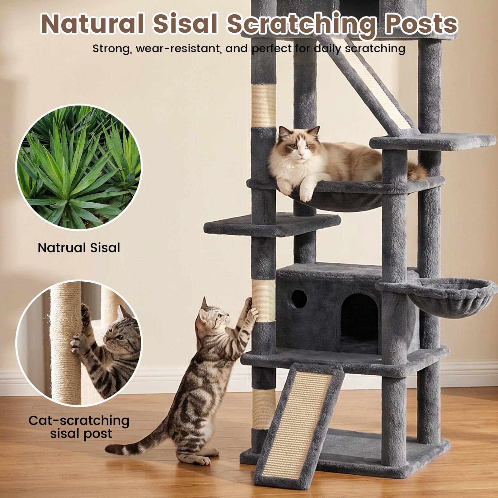 CATGOOD 81" Cat Tower, Big Cat Tree for Multiple Adult Cats, Multi-Level Tall Cat Tree with 2 Platforms, 2 Condos, 2 Hanging Basket, Hammock and Scratching Post for Indoor Kitties, Light Grey