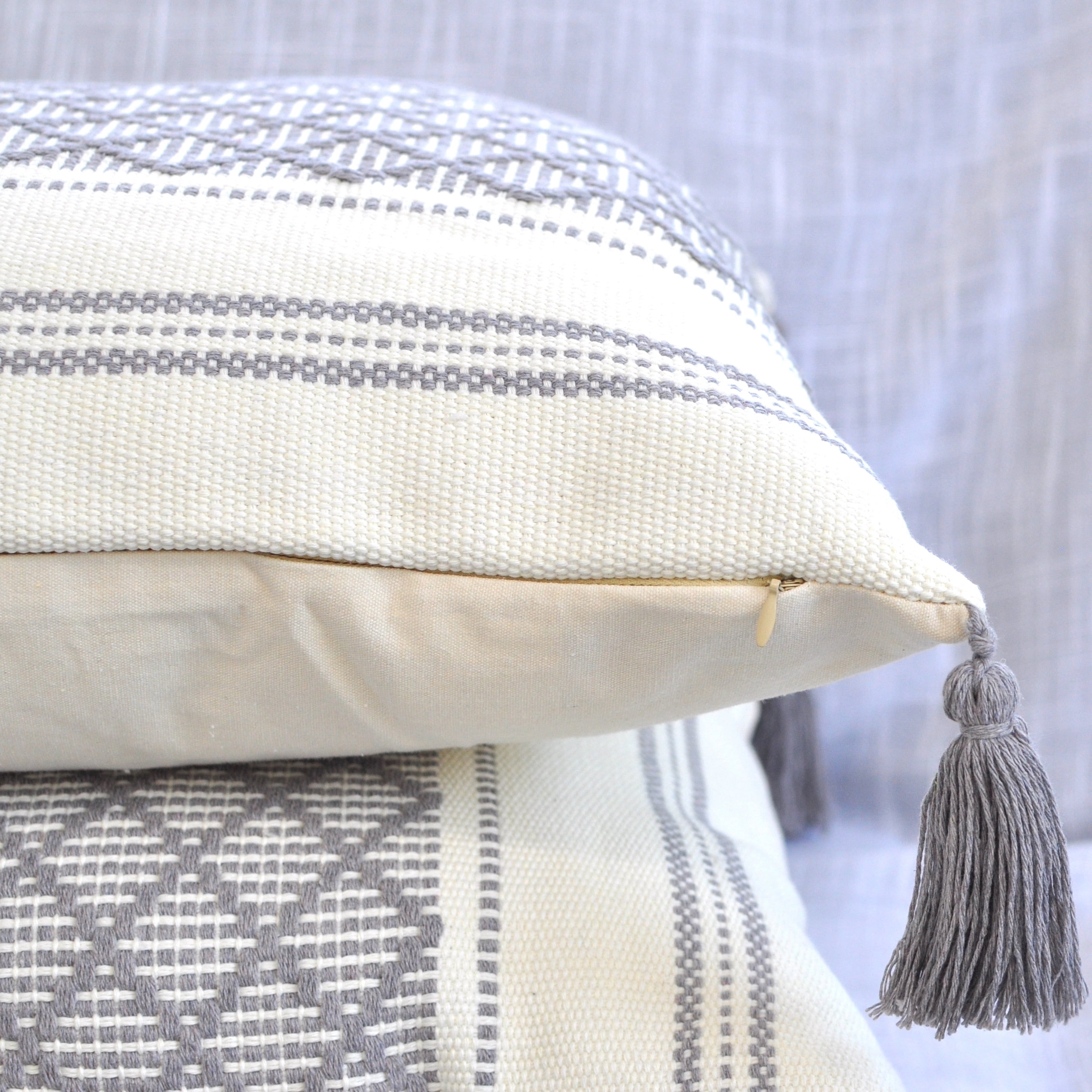 Decorative Boho Tassels Throw Pillow Covers Grey, 20x20 inch -Set of 2)/ Designer Plaid Woven Cushion Covers for Couch/ Farmhouse Gray Accent Square Pillow Cases