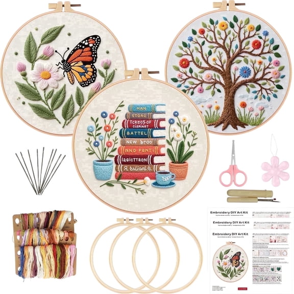 PLNYA Embroidery Kit for Beginners,Embroidery Starter Kit with Pattern and Instructions Craft Stamped Cloth with Threads and Needles 3 Pattern Hoops
