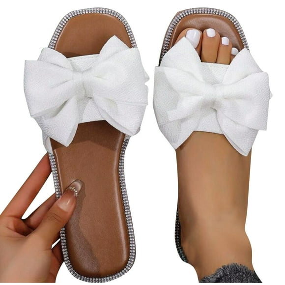 Slides for Women Flat Sole Bow Rhinestone Edge Open Square Toe Non Slip Beach Summer Slippers White