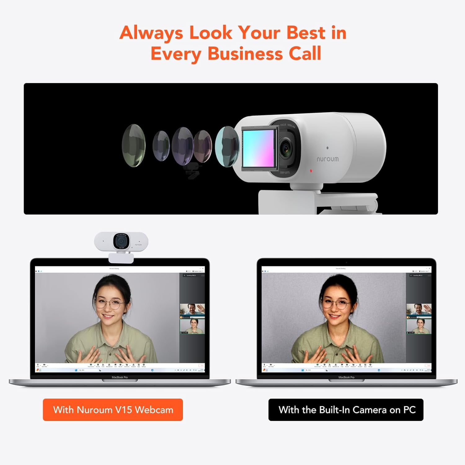 Nuroum V15-AF 2K Webcam with Microphone, 1080p 60FPS AutoFocus Web Camera with Privacy Cover and Mute, 75°FOV Dual Microphone USB FHD Computer Camera, Plug and Play for Zoom/Skype/Teams
