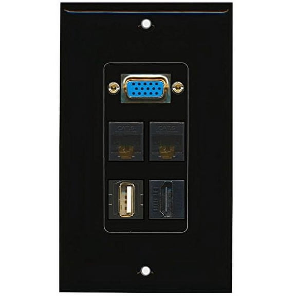 RiteAV - (1 Gang SVGA USB A-A (Black) HDMI Black 2 Cat6 Black Wall Plate Black