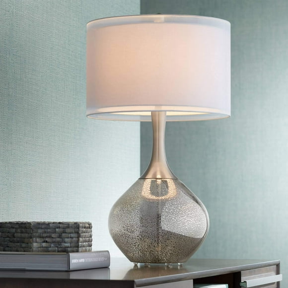 Swift Lampe de Table de Style Contemporain Moderne 30,5 "de Haut Mercure Verre Argenté Transparent Tambour Double Abat-Jour Décor pour Salon Chambre à Coucher Maison Chevet Table de Chevet Bureau à Domicile Entrée - Possini Euro Design
