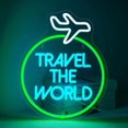 thumbnail image 1 of Letrero de neón de Travel the World, luces de neón verdes, letrero LED blanco, letreros de neón de avión para decoración de pared, luces LED, letrero de luz de neón para dormitorio, bar, cueva de, 1 of 7