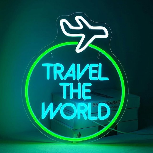 Letrero de neón de Travel the World, luces de neón verdes, letrero LED blanco, letreros de neón de avión para decoración de pared, luces LED, letrero de luz de neón para dormitorio, bar, cueva de