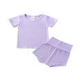 thumbnail image 1 of 2 Pcs Unisex Casual Outfits  Baby Solid Color Short Sleeve  Neck Pullover + High Waisted Pants, 1 of 3