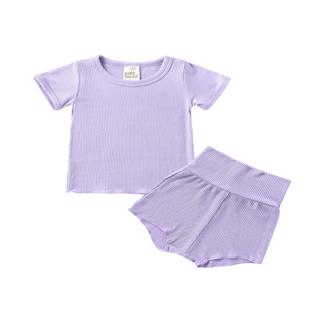 2 Pcs Unisex Casual Outfits Baby Solid Color Short Sleeve Neck Pullover + High Waisted Pants