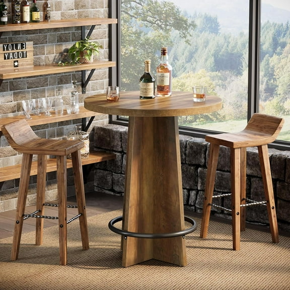 Round Bar Table, 37.4'' Tall Wooden Bistro Pub Table with Base and Metal Ring Footrest