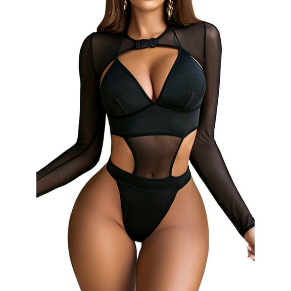 Avidlove Women Sexy Lingerie Bodysuite with Buckle Shrug Crop Top Set Black Rave Festival Outfits