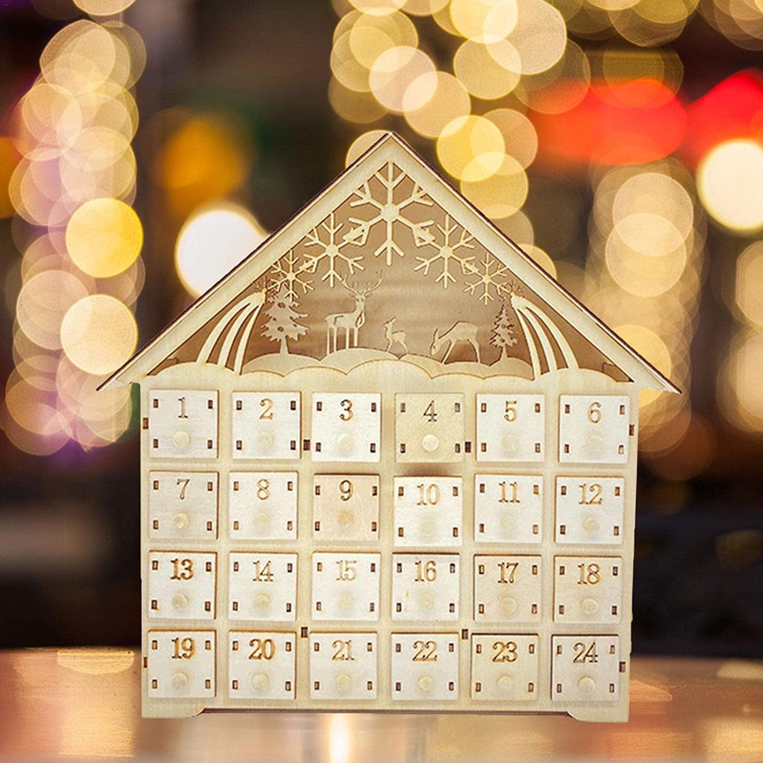 JeashCHAT Christmas Decorations 2022 Christmas LED Wooden Advent Calendar With 24 Drawers, 24 Days Countdown Lights Up DIY Advent Calendar Empty Box Christmas Holiday Decorations