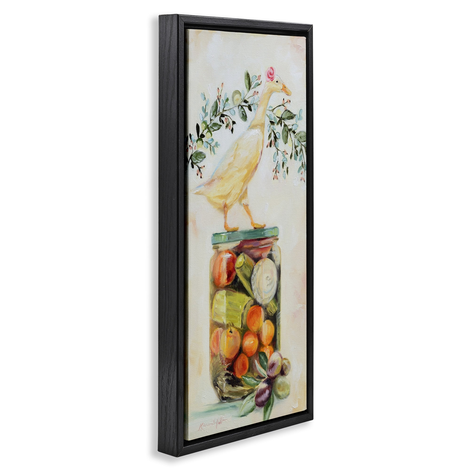 Stupell Industries Charming Goose on Vegetable Jar Animals & Insects Painting Black Floater Framed Canvas Art Print Wall Art, 15 x 31