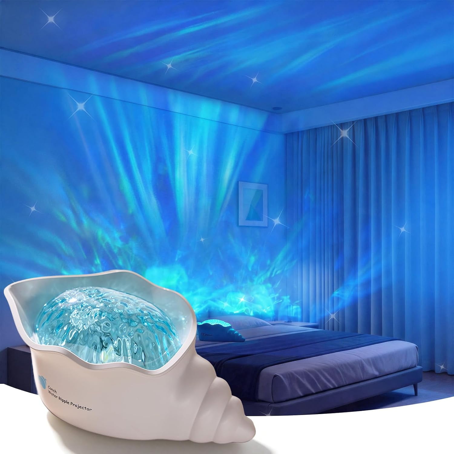 Conch Ocean Wave Light Projector, 14 Color Changing Ripple Lamp with 5 White Noise Sounds, Dimmable Mood Lighting with Memory Function for Bedroom Bathroom Playroom Decor