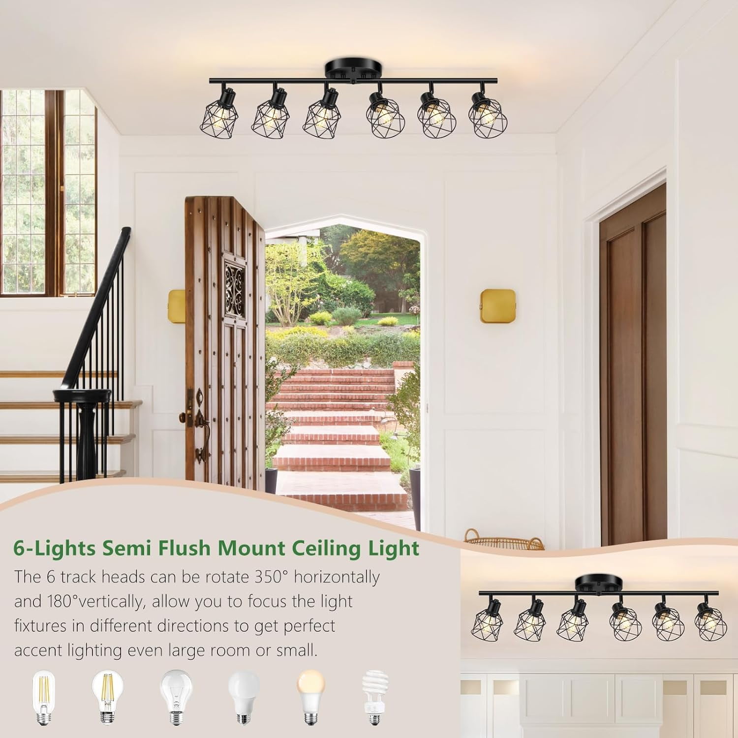 6-Light Track Lighting Kit Multi-Directional Ceiling Light Fixtures Kitchen Track Lighting Fixtures Flexibly Rotatable Light Head for Living Room, Dining Table, Foyer