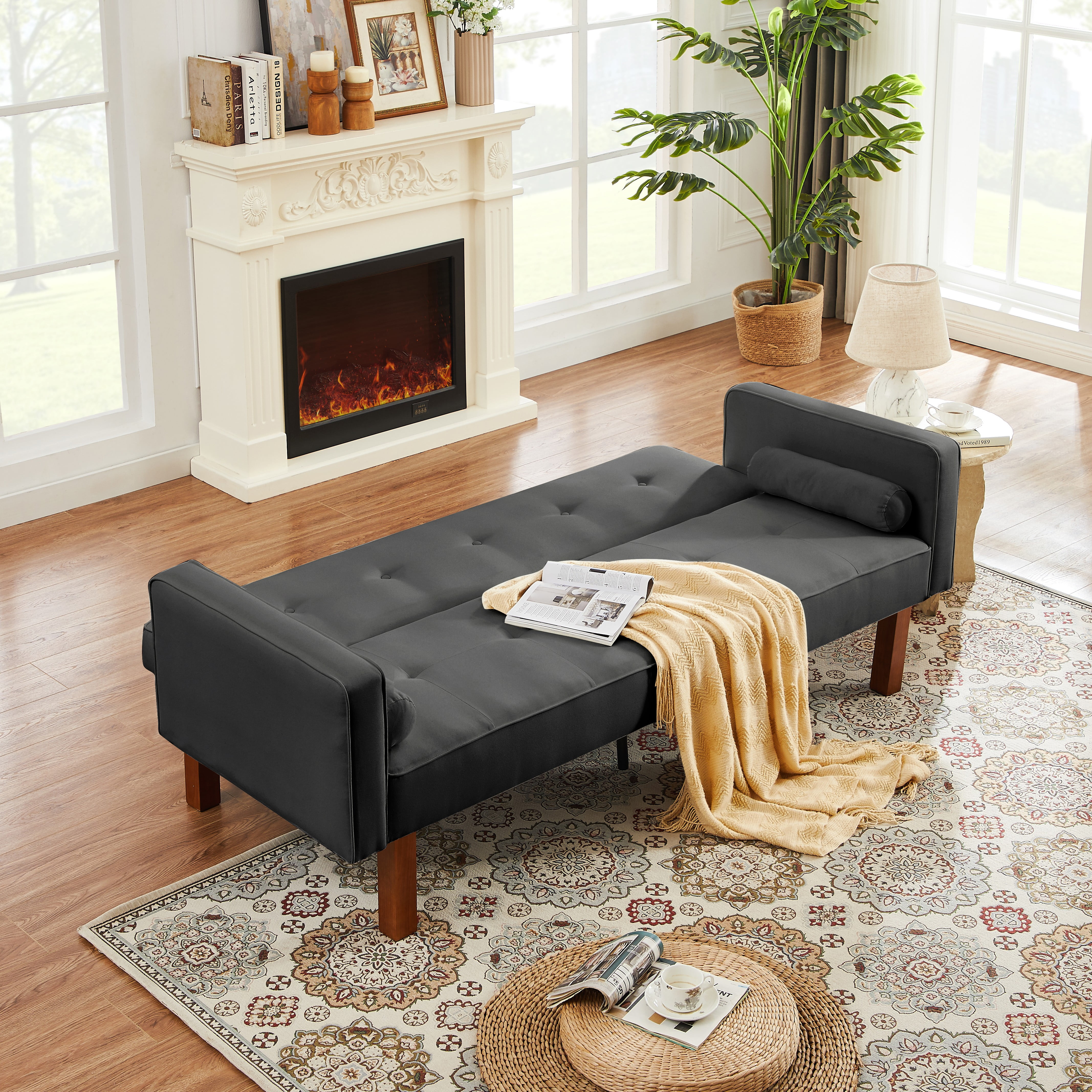Futon Sofa Bed Convertible Couch Bed with Armrests,Modern Living Room Fabric Linen Sofa Bed,Folding Recliner Futon Couch Sleeper Set,Dark Gray