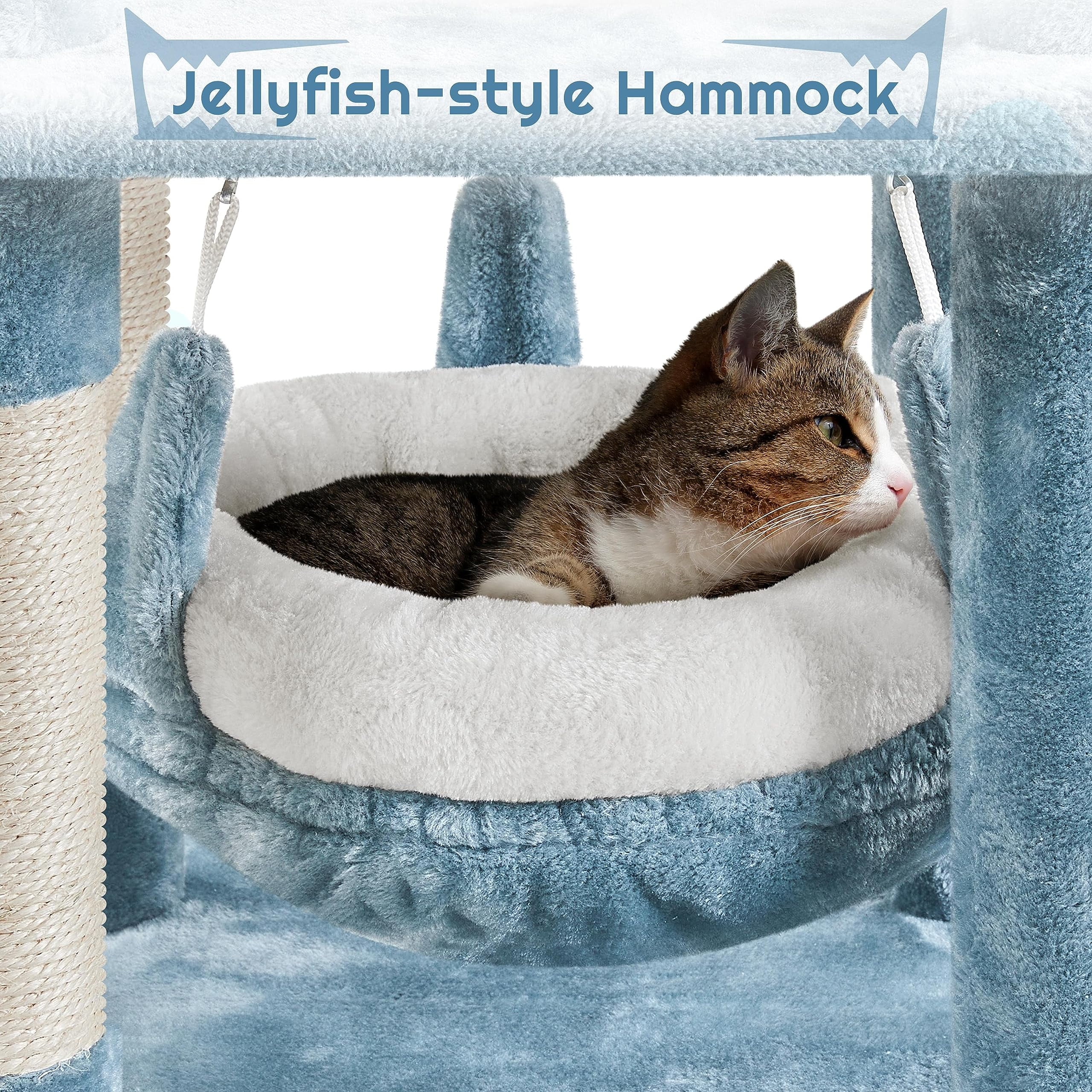 Multi-Level Cat Tree Ocean Theme 61in Tall Climbing Tower with Sisal Scratching Posts Shark Perch Condo Round Entrance Hammock for Indoor Cats, Blue