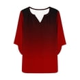 thumbnail image 7 of Olyvenn Women's V-Neck Gradient Color Block Bell Sleeve Top Casual Loose Fit Asymmetric Hem Blouse Wine L, 7 of 7