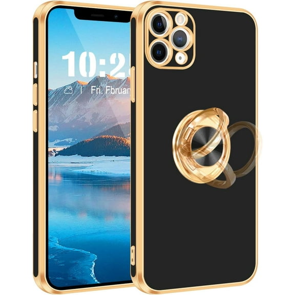 iPhone 11 Pro Max Case,iPhone 11 Pro Max Case with Ring Stand, 360° Rotatable Ring Holder Magnetic Kickstand Gold Edge Slim Soft TPU Shockproof Protective Cover Case for Women Men,Black