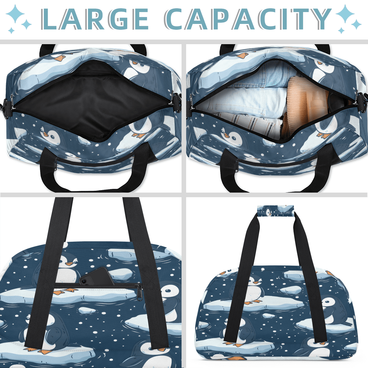 Herdesigns Penguin Sports Duffle Bag for Women & Men, Cute Animal Gym Bag Dance Bag Overnight Bag Carry On Weekender Travel Bag