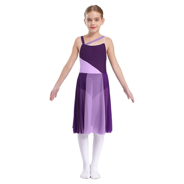 CHICTRY Costume de Danse Lyrique pour Filles Enfants Moderne Contemporain Ballet Latin Sans Manches Robe en Chiffon Violet 12