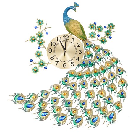 3D Peacock Wall Clock 8.26" Large Metal Big Watch Living Room Art Decor Modern Luxury Home Wall Clock