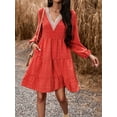 thumbnail image 4 of ZAXARRA Robe d'Été Rétro Imprimé Manches Longues V-Cou Taille Haute Mini-Robe avec Poches, 4 of 5