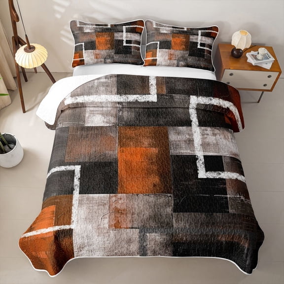 Erosebridal Grunge Square Twin Quilt Set for Women Men, Abstract Block Print Twin Coverlet Set, Orange, 2 Pieces