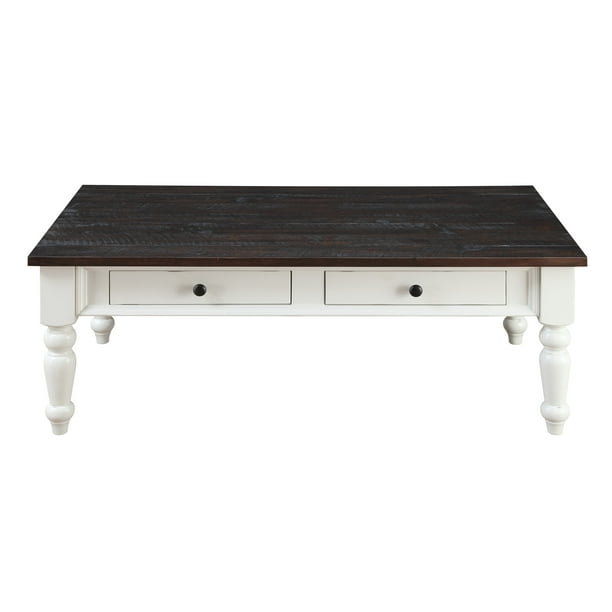 Emerald Home Mountain Retreat Dark Mocha And Antique White 52 Coffee Table With Two Drawers Solid Plank Top And Turned Legs Walmart Com Walmart Com