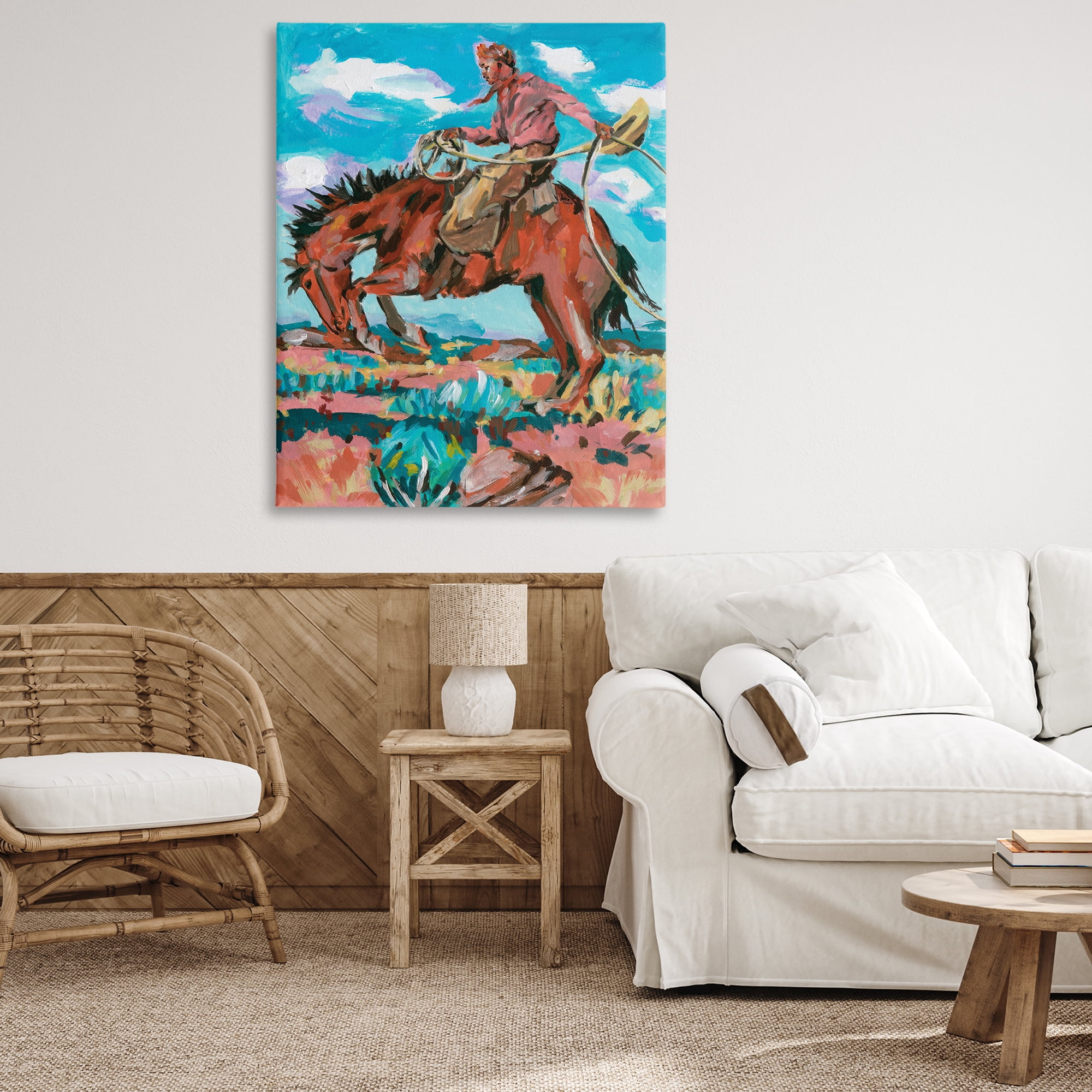 Stupell Industries Lassoing Cowboy Scene Animals Painting Wrapped Canvas Art Print Wall Art, 36 x 48