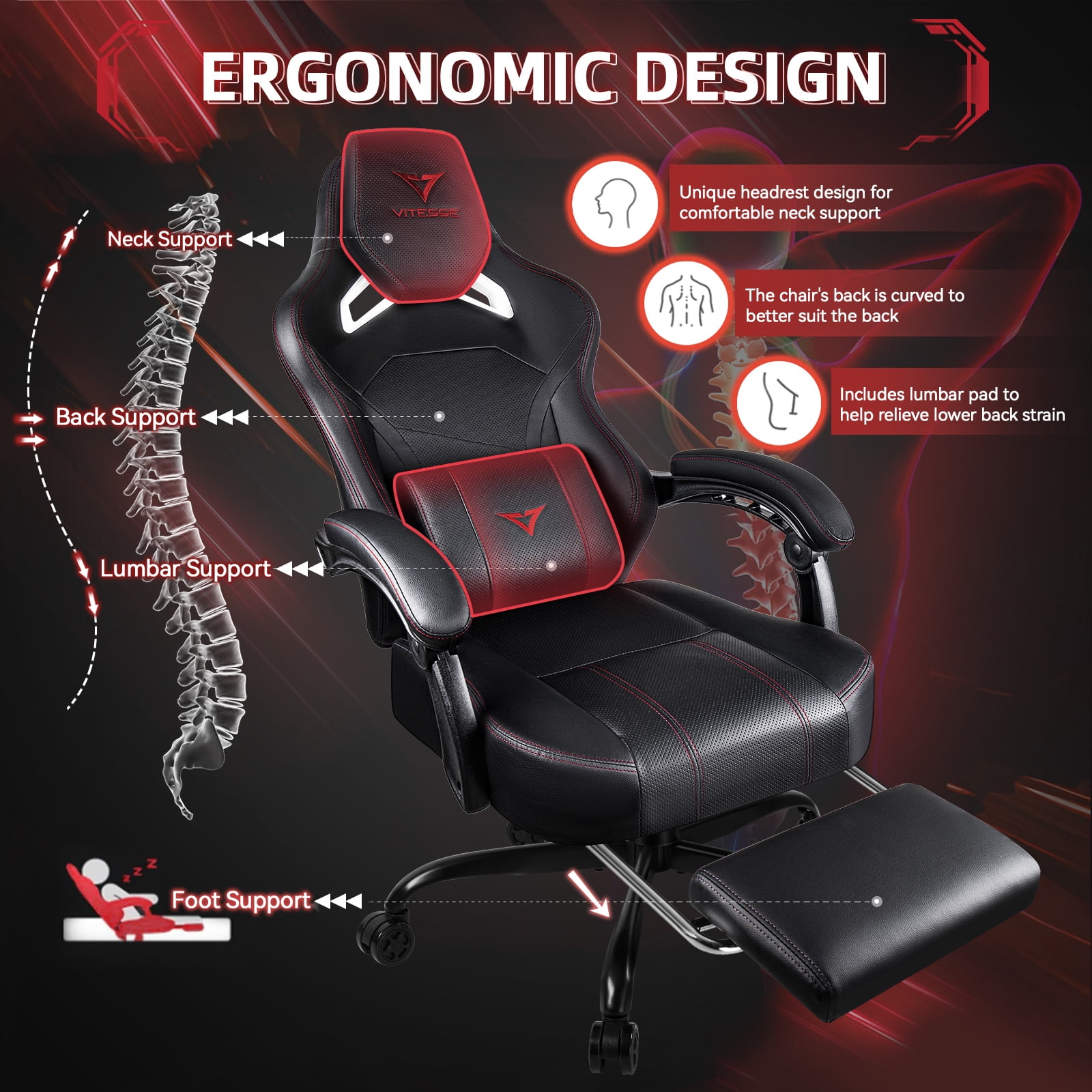Waleaf Gaming Chair Ergonomic Office Chair with Footrest and Lumbar Support, Height Adjustable High Back Gamer Chair with Headrest for Adult